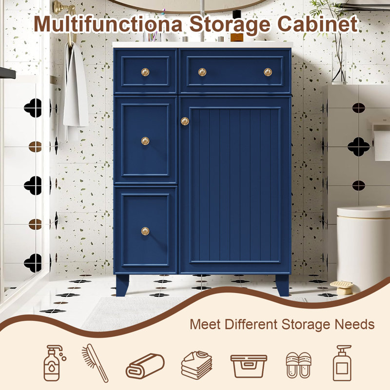 24" Bathroom Vanity Cabinet With Ceramic Sink, Blue / Gold