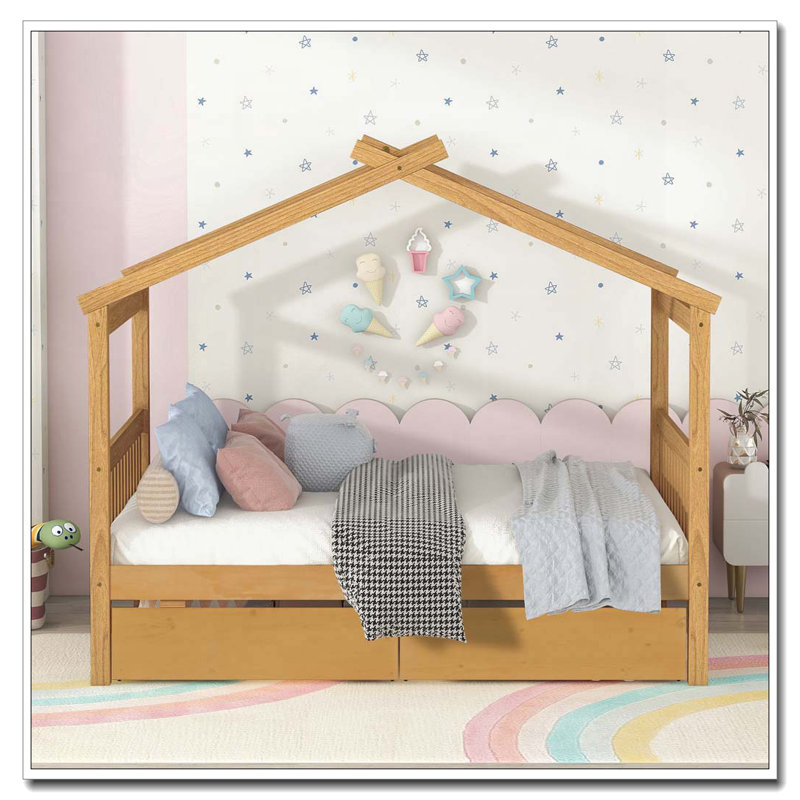 Lit en bois avec tiroirs, Naturel, Complète