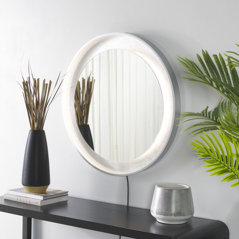 Ashelly Round Metal LED Wall Mirror, Silver/Gray