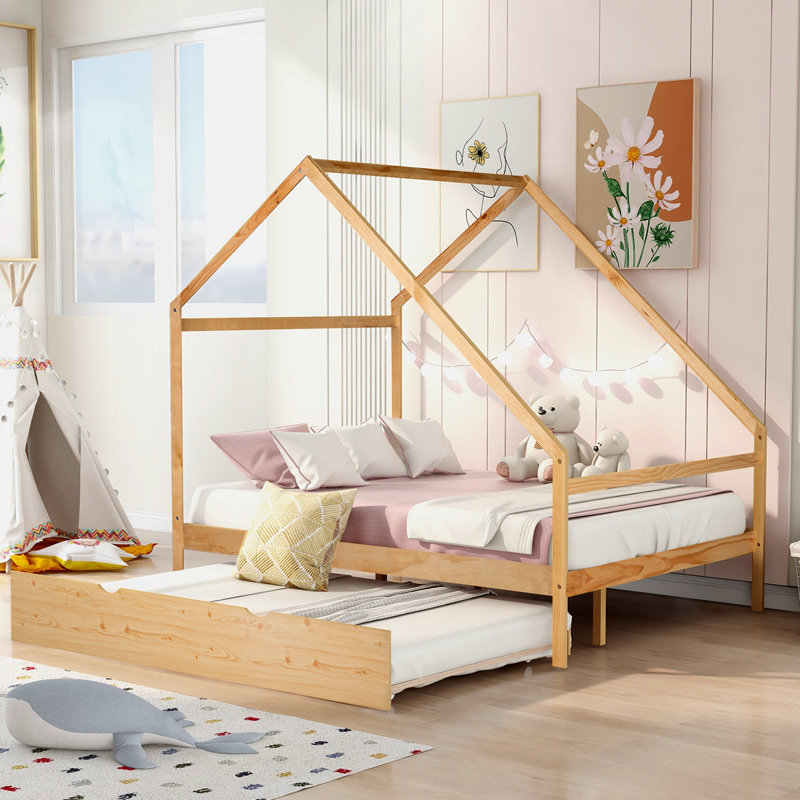 Lit simple en bois avec lit gigogne Ataman, Naturel