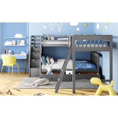 Twin Over Full L-shaped Bunk Bed In Gray Color. 3 Drawers For Utility. Solid Wood. Safe Guardrail. 118.3x96.8x61.2 Dimension. Assembly Required Bed, Gray. Drawer Storage Space. Wood Construction.