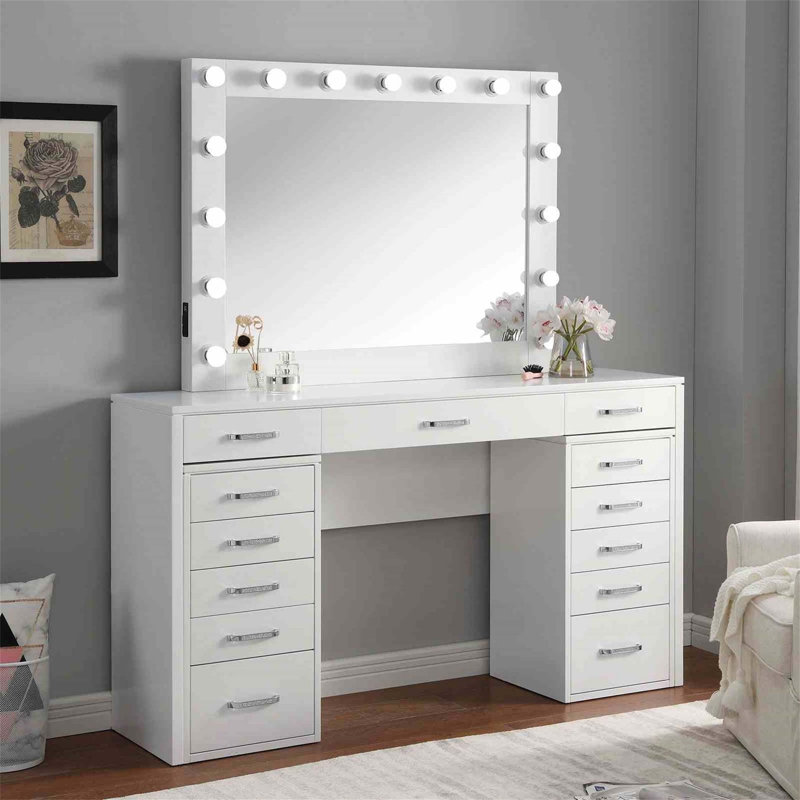 Ensemble de coiffeuse Glam Style avec armoires à tiroirs multiples et 15 ampoules, chargeur USB, parfait pour un rangement organisé et un maquillage glamour
