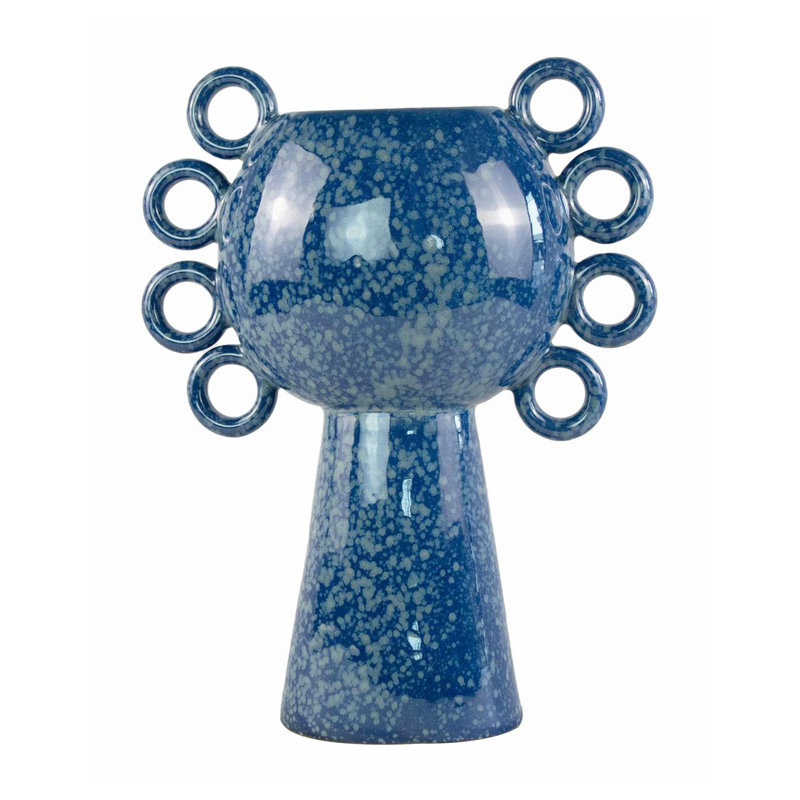 Bedelia Decorative Vase, 8 Loop Handles, Blue White Speckled Ceramic 15 Inch