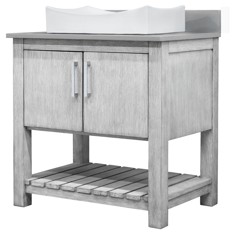 Meuble-lavabo de 30 po avec comptoir en quartz gris et lavabo en porcelaine, quincaillerie en nickel brossé et miroir