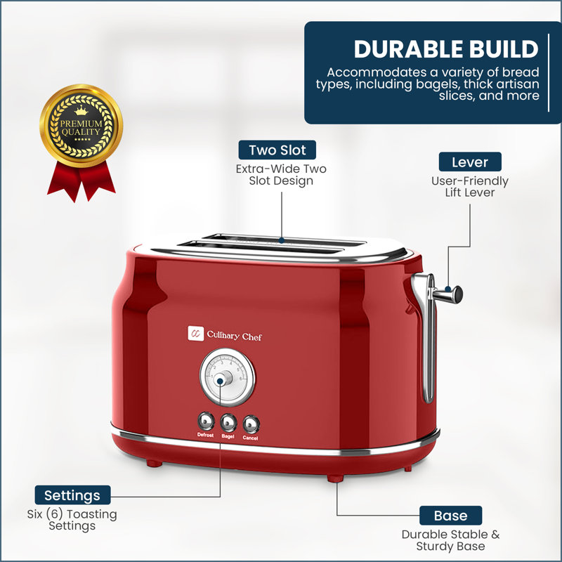 Culinary Chef, 2 Slice Toaster, Retro Design, Red