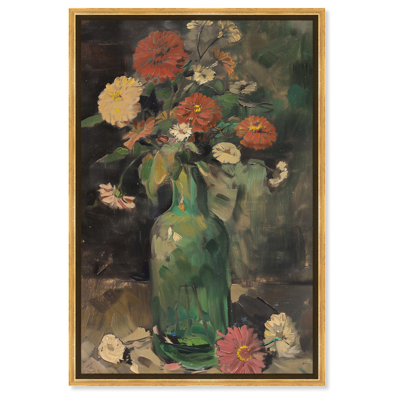 Art floral sur toile verte, Cadre doré, H 16 po x l 11 po