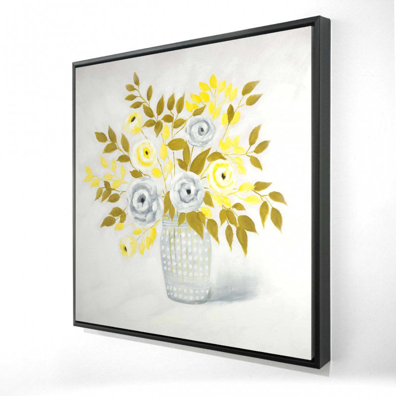 Vase fleurs bleues et jaunes | Toile grise décorative encadrée, H 25,25 po x l 25,25 po