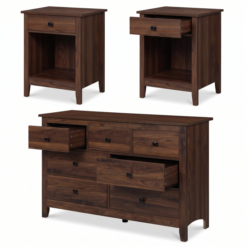 Ensemble de commode 3 tiroirs 7 pièces avec 2 tables de chevet de la collection Farmhouse, Brown