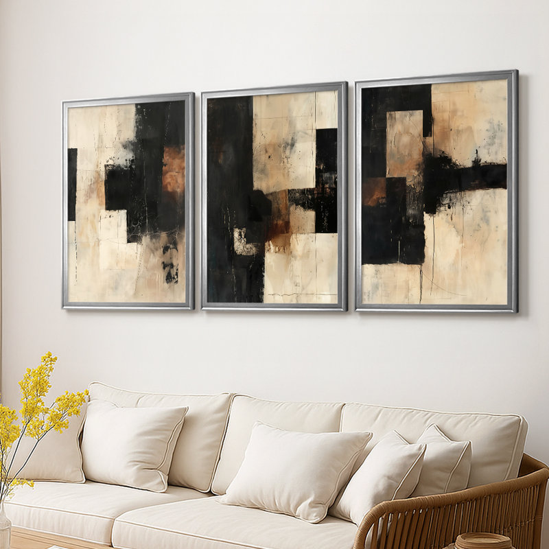 ABSTRACT Series CECLXI - Toile tendue avec châssis sur mesure - 3 pièces, H 19 po x l 27 po, Argent argent
