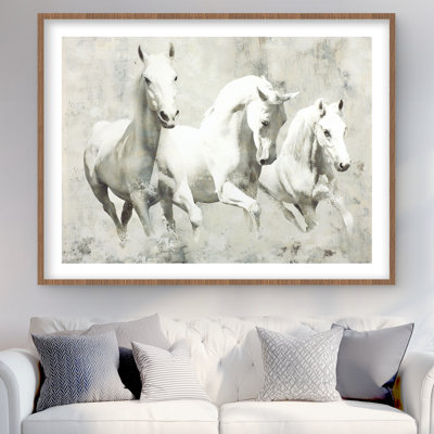 Three White Horses Running - Framed Farm Animal Print Decor