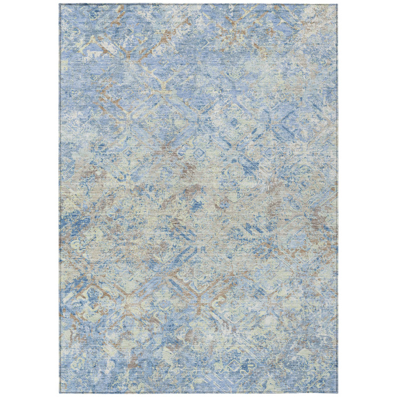 Tapis intérieur / extérieur lavable géométrique bleu ciel et bleu denim HomeRoots 5 pi x 8 pi