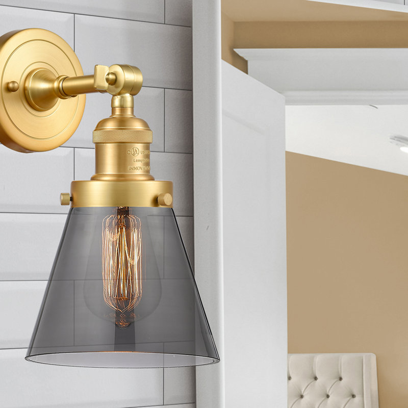 Cone 1 Light Sconce, 60 Watt Vintage Incandescent Bulb, Smoked, Satin Gold