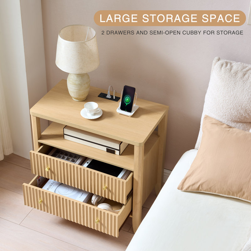 Overstreet 27'' Fluted Nightstand with Charging Station, 2-Drawer Bedside Table with Open Shelf and Solid Wood Legs