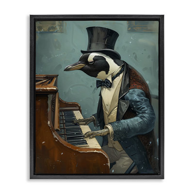 "Piano jouant un pingouin gris", art mural sur toile flottante par Ray Heere