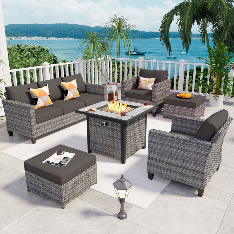 Allcot 5 - Person Wicker/Rattan Patio Furniture Set, Outdoor Fire Pit Sofa Set with Throw Pillows and Comfy Cushions, Black
