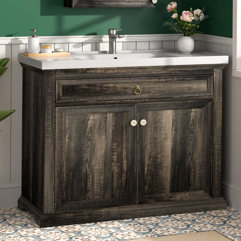 36" Freestanding Farmhouse Bathroom Vanity Set With Integrated Ceramic Sink, Faucet & Drain Included, Rustic Wood Cabinet