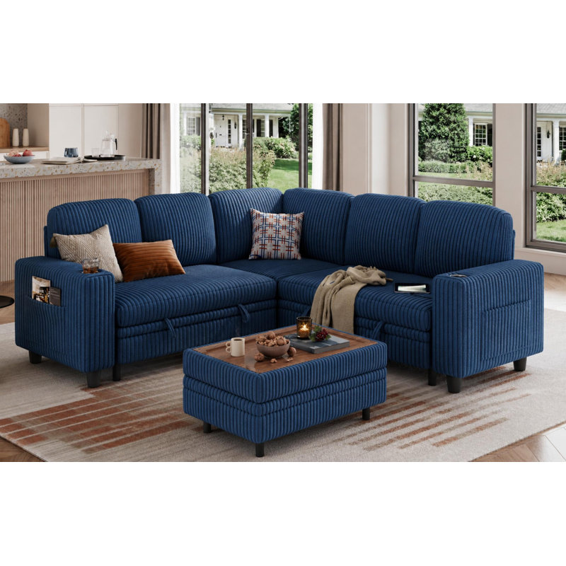  Sherry 81'' Upholstered Modular Sectionals with Ottoman, Pull-out Sofa, Storage Chaise, USB Charging & Cup Holders, 6-piece