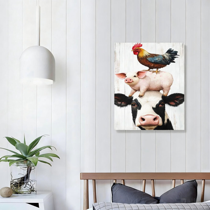 «Pink Farmhouse», art mural, cochon de vache et coq, cuisine, 16 x 20