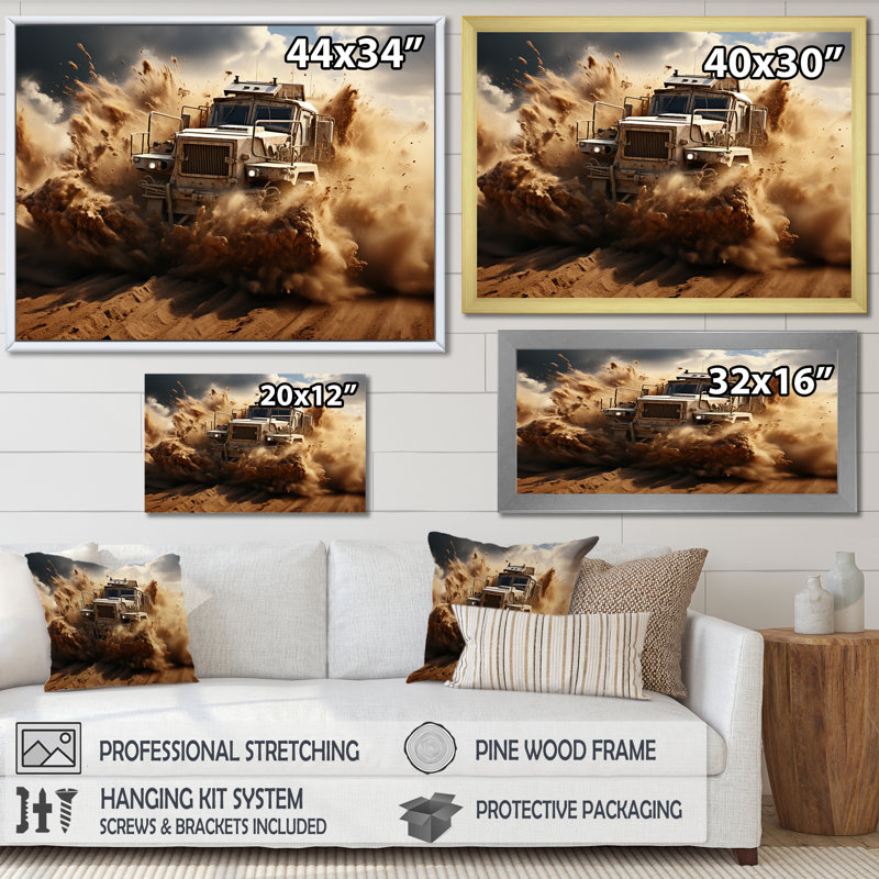 Camion militaire, guerre mécanisée sur toile, Cadre flottant noir, H 30 po x l 40 po x P 1,5 po