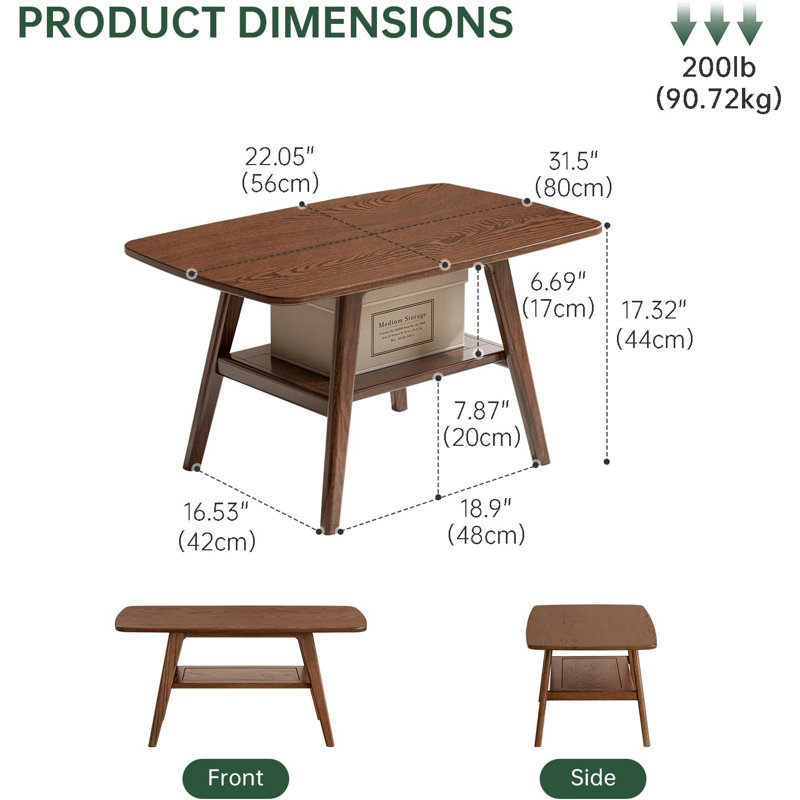Walnut Solid Oak Wood Coffee Table with Shelf Storage, 31.5''W x 22.05''D x 17.32''H