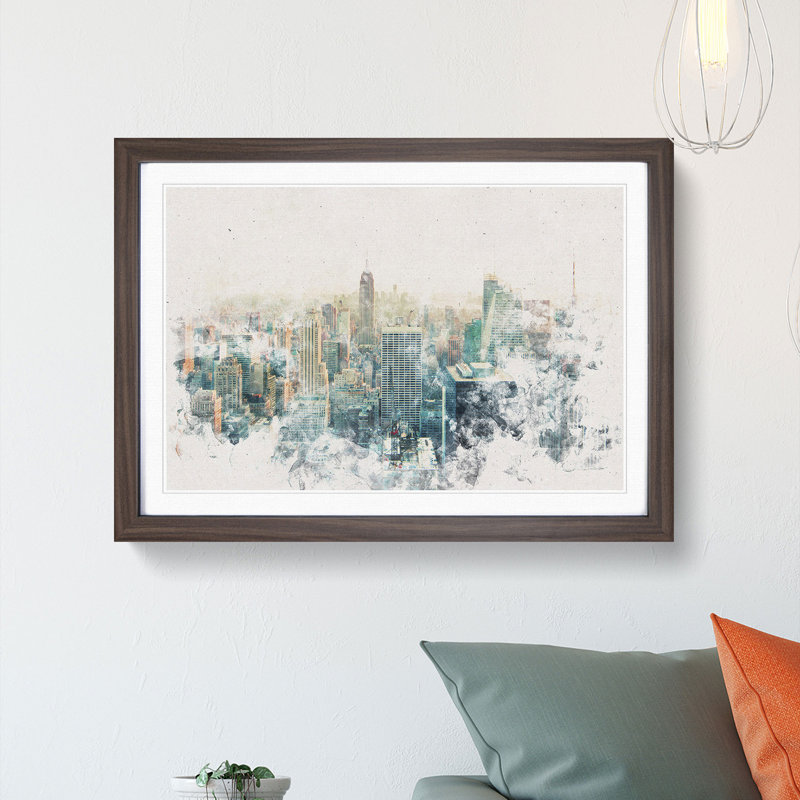 Manhattan Skyline in New York - Picture Frame Painting Print, 62cm H x 87cm W x 2cm D, Walnut Framed