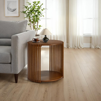 Estie Round Wood Slatted End Table With Open Shelf