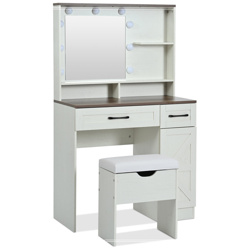 Farmhouse Makeup Vanity Desk with Mirror and Lights, 3 Lighting Modes, Vanity Set with Stool, Dressing Table with Adjustable Shelves,2 Drawers and Side Cabinet for Bedroom