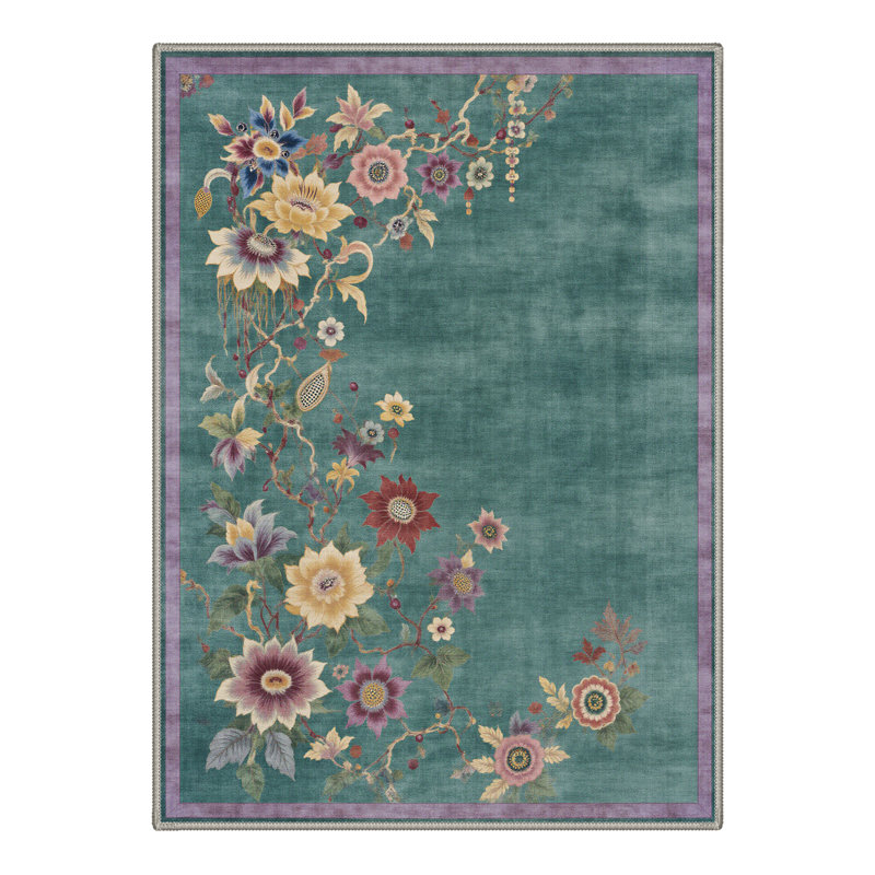 Valencia Vintage Floral Machine Washable Green Indoor Area Rug with Non-Slip Backing, Rectangle 9' x 12'