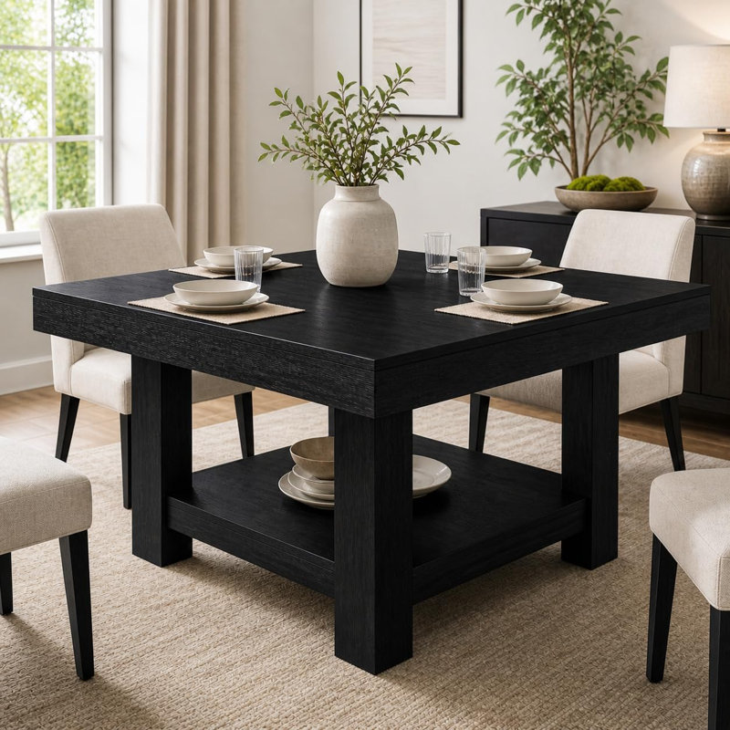 Table de salle à manger moderne carrée, tablette de rangement à 2 niveaux, panneau de fibres à densité moyenne robuste, Black