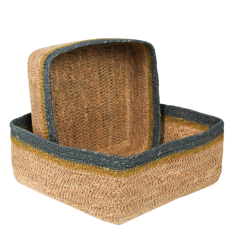 Square Baskets, Seagrass, Set Of 2 Sm: 8X8x4, Lrg: 10.5X10.5X4.5