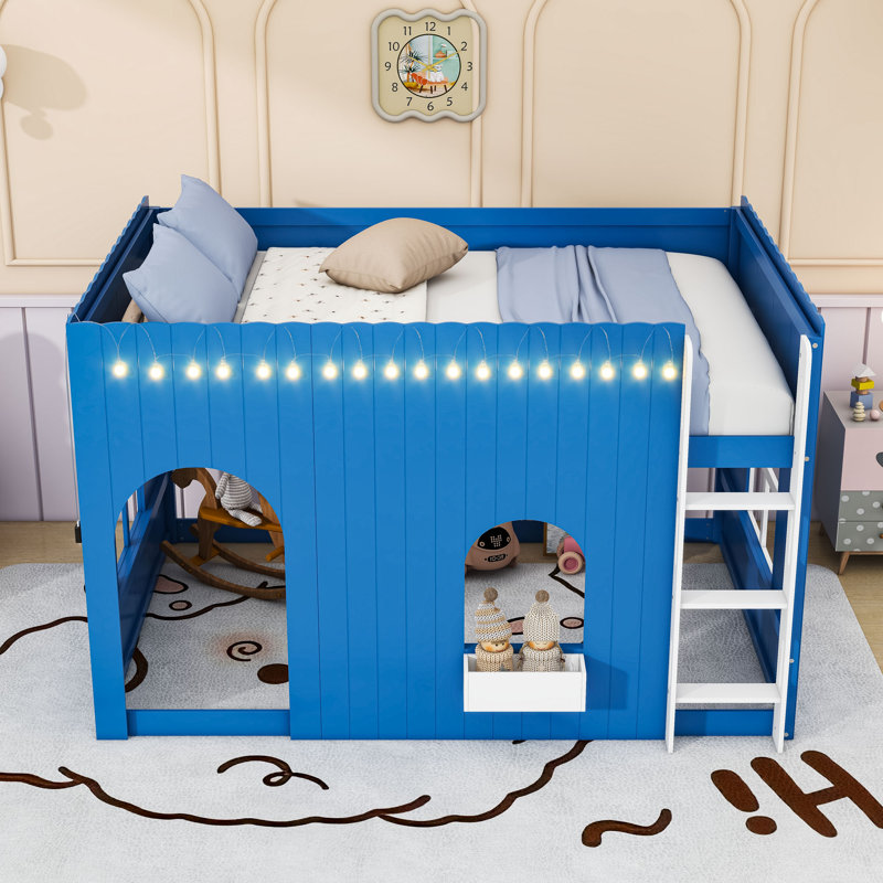 Country-Style Loft Bed with Built-in Warm Lighting and Versatile Play Space, Klein Blue, Full