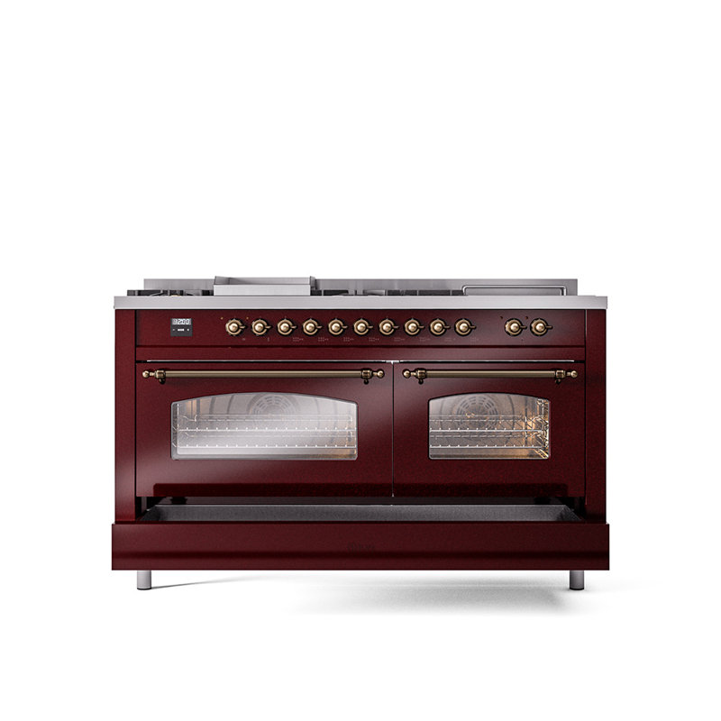 ILVE Nostalgie II 60 Dual Fuel Range, 5 Burners, Griddle, Frenchtop , Burgundy/Bronze, Natural Gas