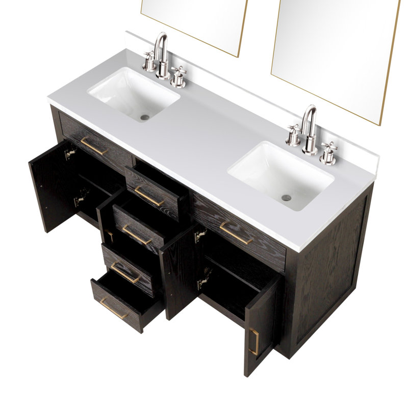 Meuble-lavabo double en chêne brun 60 po X P 22 po D, comptoir en quartz blanc, ensemble de robinet et Miroirs