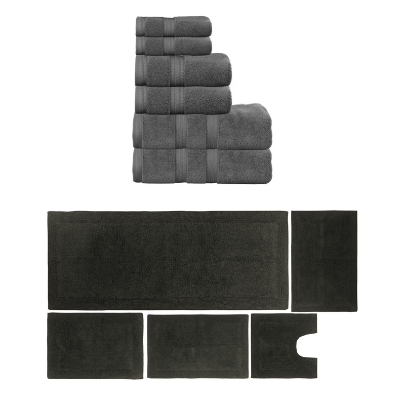 Buariki Collection 100% Soft Cotton 6 Pc Towel Set & 5 Pc Bath Rug Set, (Set of 11) Reversible, Dark Gray