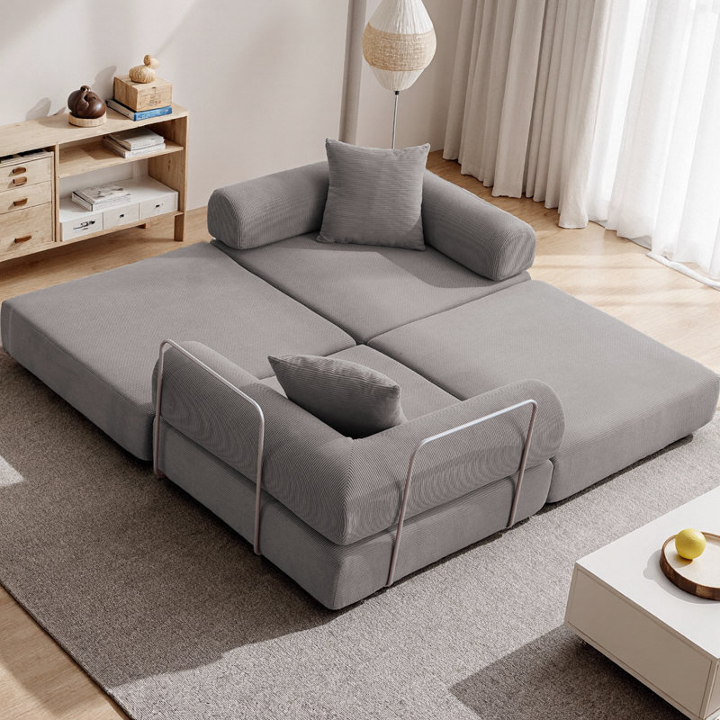 Canapé-lit modulaire pour petits espaces, canapé convertible 4 pièces en velours côtelé avec 2 dossiers, conception de matelas pliable pour les appartements, aucun assemblage requis, cadre en fer fixe