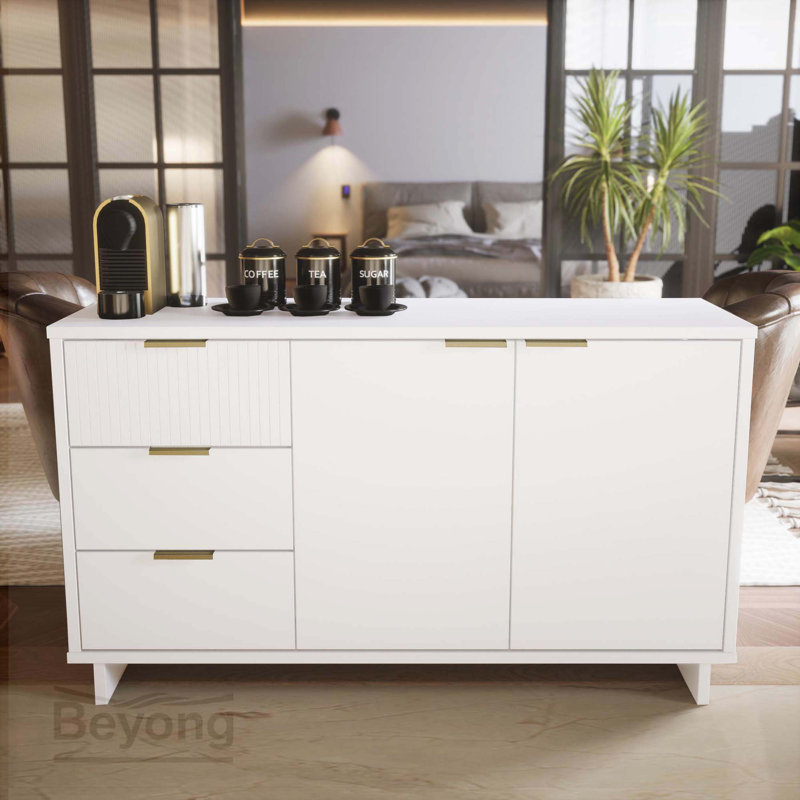 Buffet en bois massif moderne de 55 po avec 3 tiroirs et 3 tablettes Granville, Blanc