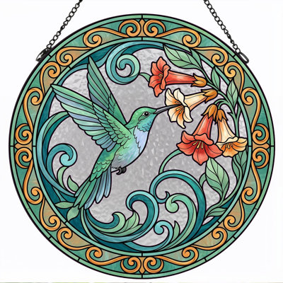 Hummingbird Floral Stained Glass Window Panel，12"H
