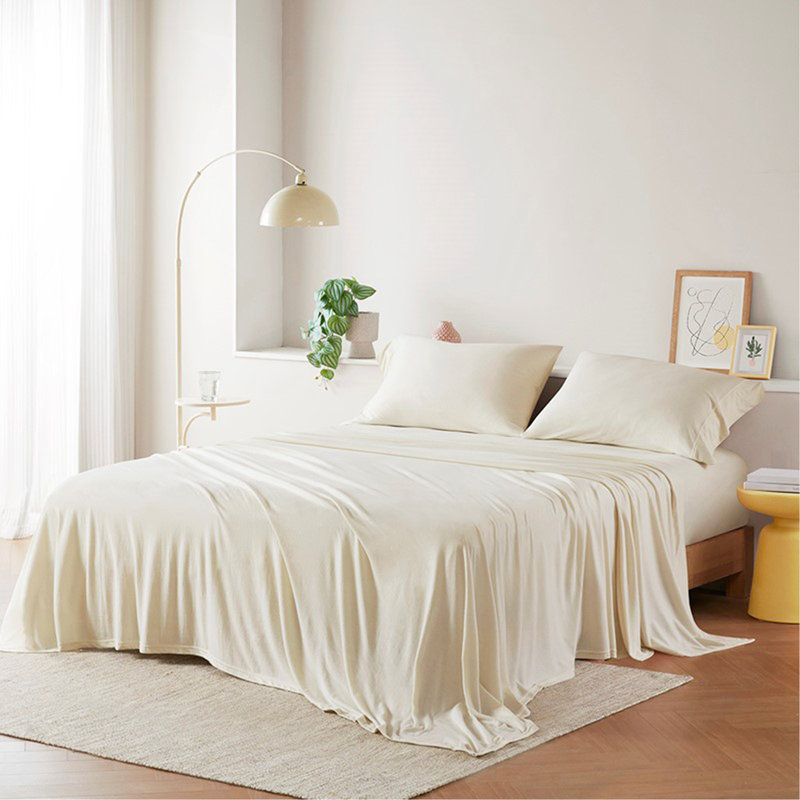 Ensemble de draps en tricot de coton toutes saisons, Couvre-lit simple + 2 pièces supplémentaires, Crème