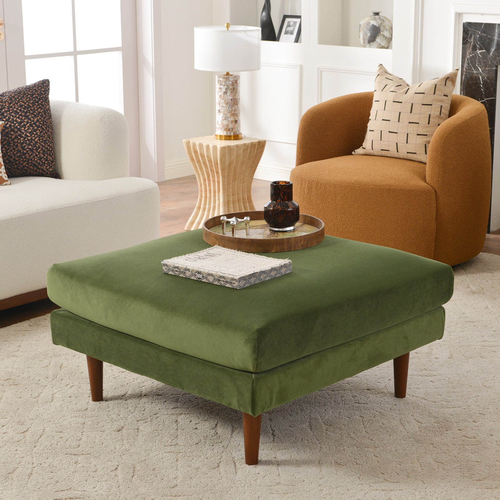 Miller 36" Linen Ottoman, Green, 19" H x 36" W x 36" D