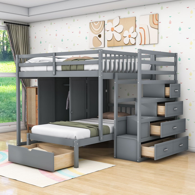 Full Over Twin Wood 5 Drawer Bunk Bed With Storage Staircase And Wardrobe, Gray