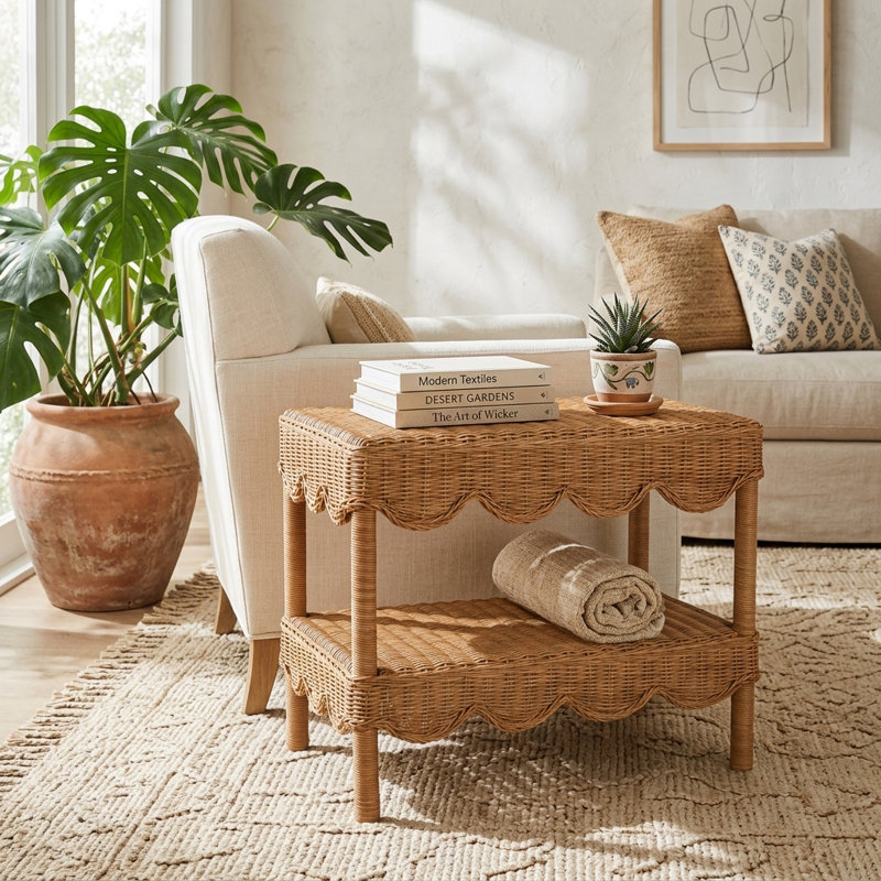 Table d'appoint contemporaine en osier tressé festonné pour utilisation dans le salon - Table de bout étroite avec tablettes à 2 niveaux pour la maison - 19 po, brun