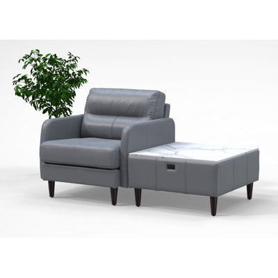 1 Person Waiting Room Reception Chairs with Charging Tables Set 100% Genuine Leather 2pc Set Colour Grey