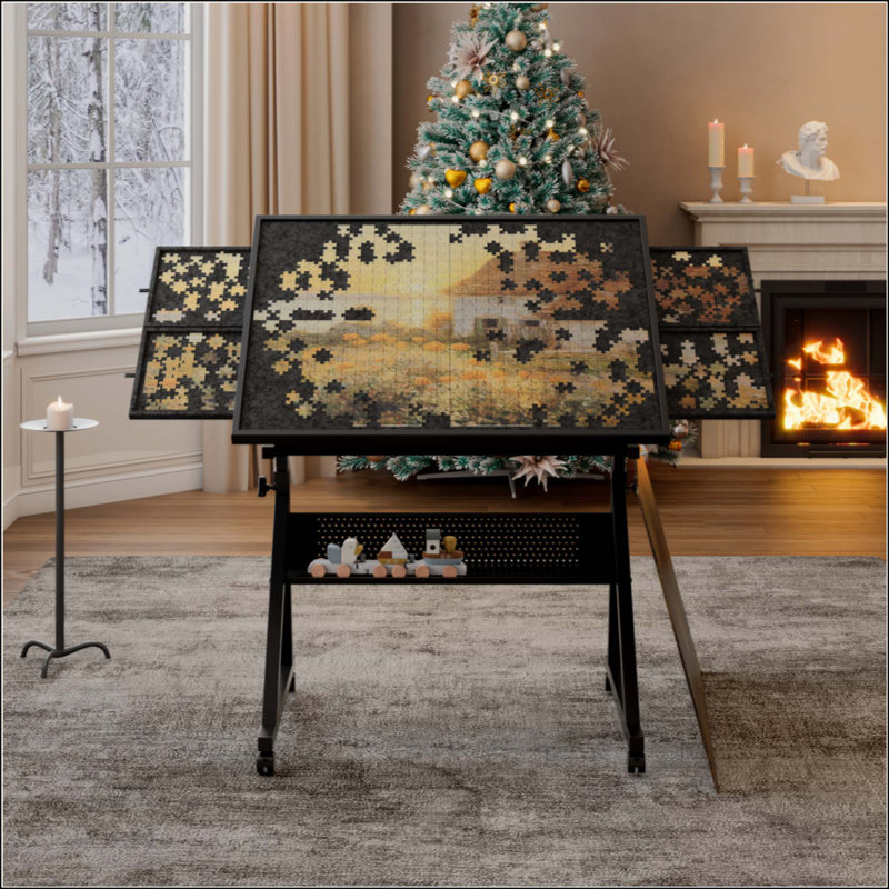 1500 Pieces Adjustable Jigsaw Puzzle Table for Adults with 4 Sorting Trays, Mobile Puzzle Board with Wooden Cover & Storage Shelf