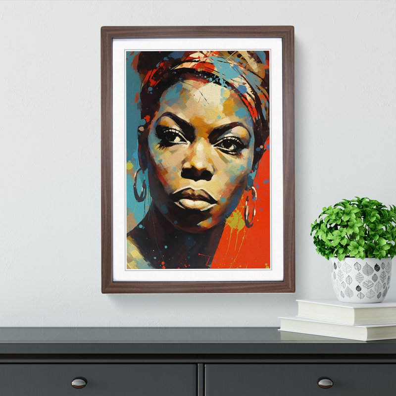 Nina Simone Expressionism - Single Picture Frame Print on Wood, 64cm H x 46cm W x 2cm D, Walnut Framed