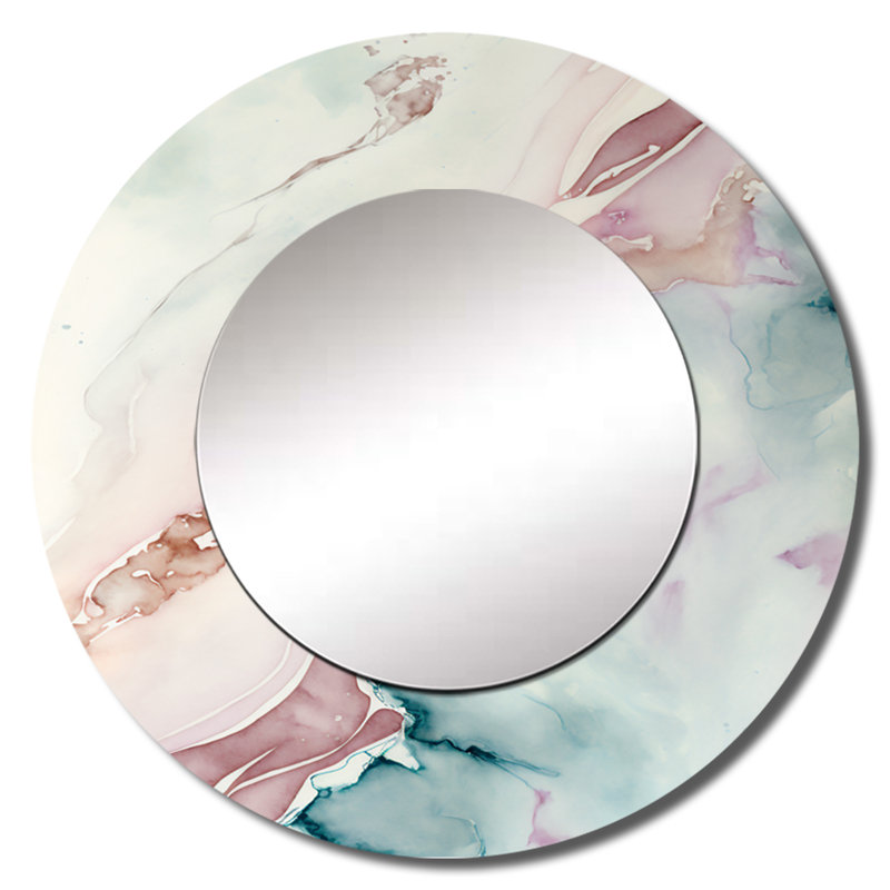Sudden Solitude in Elevated Blush V - grand miroir à encre liquide, décor de miroir mural rond bleu unique, impression d'art en métal