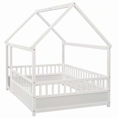 Full Size Floor Wooden Bed with House Roof Frame, Fence Guardrails,White