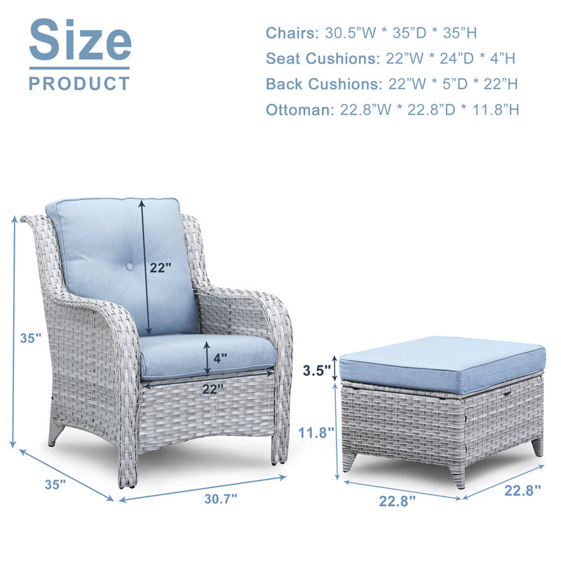 Bonia Outdoor Lounge Chair with Ottoman, Light Gray Frame/Baby Blue Cushion