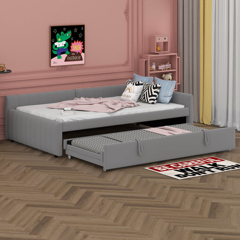 Full Size L-Shaped Upholstered Daybed With Twin Size Pop-Up Trundle, Wooden Slats Support For Bedroom Guest Room, Gray