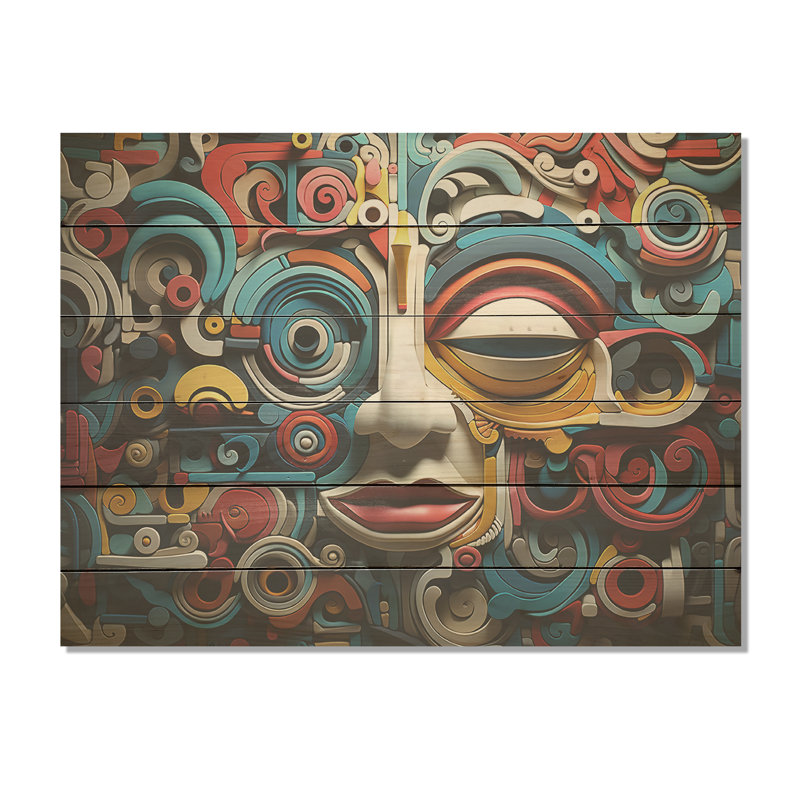 Geometric Mexican Art Mask - Mexican Art Wood Wall Art On Natural Pine Wood, 10" H x 20" W