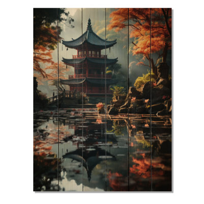 Art asiatique, pagode sereine IX - reproduction asiatique sur bois de pin naturel